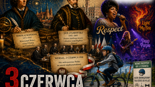 3 czerwca: Kopernik, Zamoyski, Aretha Franklin i nowe przepisy dla młodych rowerzystów