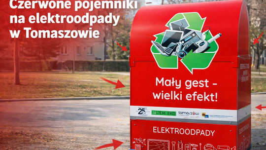 Czerwone pojemniki na elektroodpady w Tomaszowie.