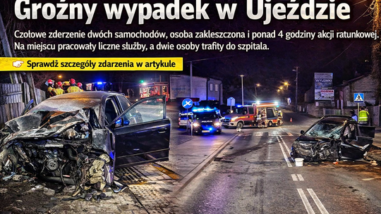 Czołowe zderzenie w Ujeździe. Dwie osoby trafiły do szpitala