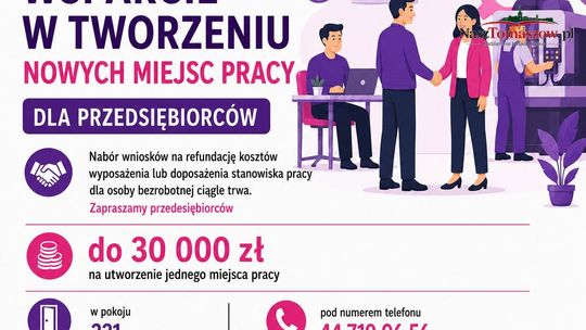 Plakat Powiatowego Urzędu Pracy w Tomaszowie Mazowieckim o wsparciu dla przedsiębiorców na tworzenie miejsc pracy