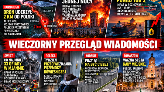 Dron uderzył 2 km od Polski. Kijów i Dnipro pod ostrzałem, ropa skoczyła ponad 108 dolarów. Tomaszów przed ważną sesją