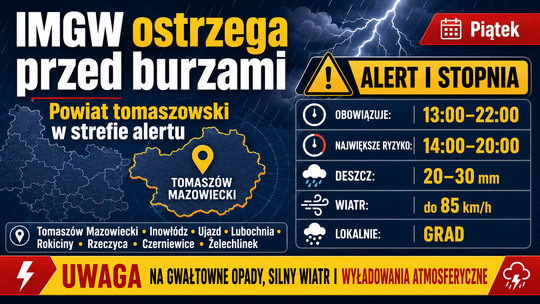 IMGW ostrzega przed burzami w Tomaszowie i okolicach. Alert od 13:00 do 22:00, możliwy silny deszcz, wiatr i grad