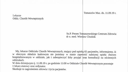 Interniści ze szpitala alarmują. Nie są w stanie zapewnić opieki chorym
