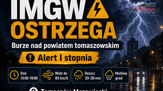 Koniec wakacji z grzmotem. IMGW ostrzega Tomaszów: burze, grad i wiatr do 85 km/h