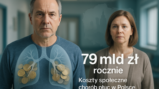 Realistyczna ilustracja płuc z metaforą kosztów (79 mld zł) — kontekst: koszty społeczne chorób płuc w Polsce.