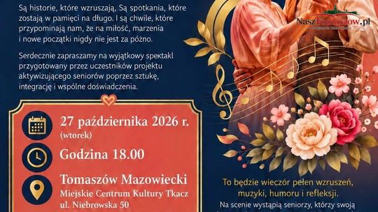 Plakat wydarzenia „Miłość nie zna wieku” z tańczącą parą seniorów