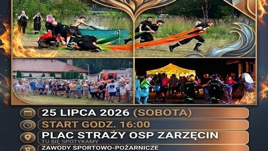 Plakat wydarzenia Miting Sportowo-Pożarniczy Zarzęcin 2026 z programem imprezy i zdjęciami zawodów strażackich
