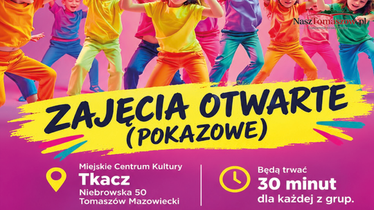 Plakat otwartych zajęć pokazowych tańca dla dzieci w Tomaszowie Mazowieckim