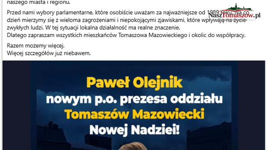 Paweł Olejnik pokieruje oddziałem Nowej Nadziei w Tomaszowie Mazowieckim