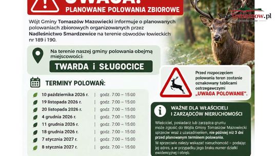 Planowane polowania zbiorowe w gminie Tomaszów. Podano terminy dla Twardej i Sługocic