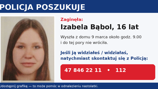 Policja poszukuje 16-letniej Izabeli Bąbol. Nastolatka wyszła z domu i nie wróciła