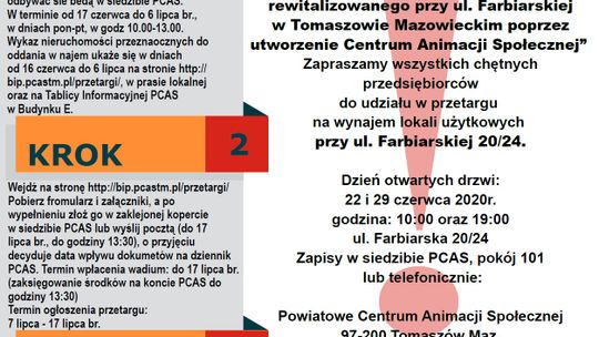 Powiatowe Centrum Animacji Społecznej zaprasza do udziału w przetargu na wynajem lokali