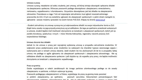 Regionalny rzecznik prasowy ZUS, informuje.  Student w pracy podczas wakacji