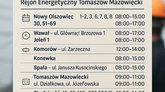 Rejon Energetyczny Tomaszów Mazowiecki – planowane przerwy w dostawie energii (1–8 października 2025 r.)