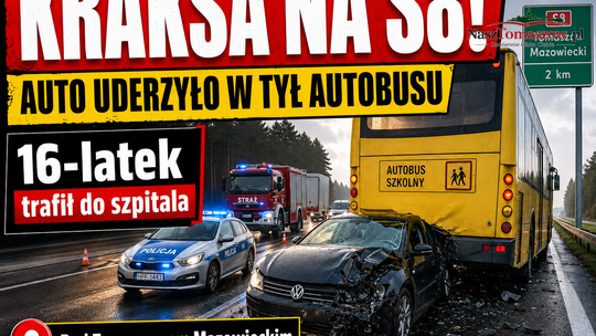 S8 pod Tomaszowem odblokowana. Volkswagen uderzył w tył autobusu szkolnego
