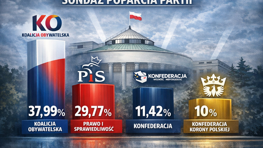 Sondaż: KO – 37,99 proc.; PiS – 29,77 proc.; Konfederacja – 11,42 proc.