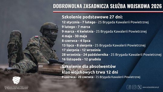 ,,Terminy szkoleń podstawowych w ramach Dobrowolnej Zasadniczej Służby Wojskowej w 2026 roku”