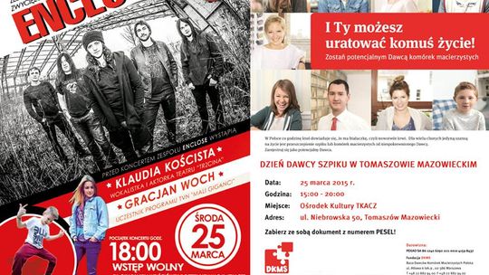 To dzisiaj! Dzień Dawcy Szpiku w Tomaszowie z koncertem zespołu Enclose!