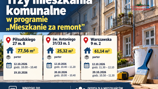 Trzy mieszkania komunalne w programie „Mieszkanie za remont”. Największe ma prawie 78 m²
