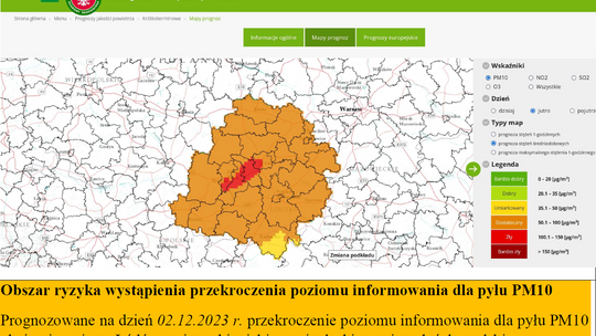 Uwaga! Ryzyko wystąpienia przekroczenia poziomu pyłu zawieszonego PM10 w powietrzu