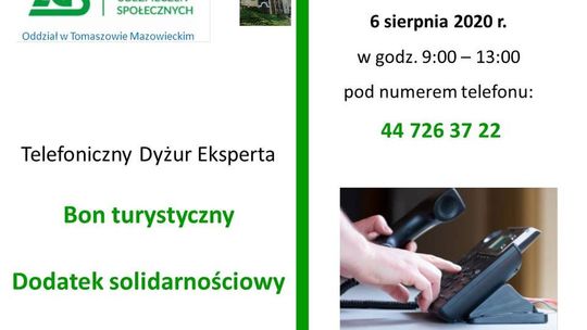 W czwartek, 6 sierpnia 2020, telefoniczny dyżur ekspertów ZUS, dotyczący Bonu Turystycznego i Dodatku Solidarnościowego