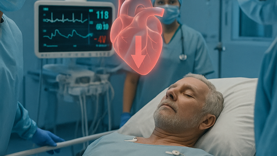 Realistyczna ilustracja SOR/kardiologii: pacjent z cechami wstrząsu kardiogennego, monitory EKG/ciśnienia, zespół medyczny.