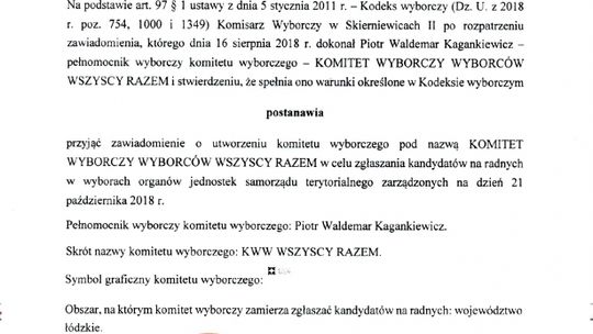 Zarejestrowany został Komitet Wyborczy Wyborców WSZYSCY RAZEM