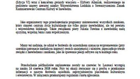 Zarząd Stowarzyszenia Zamkowego zaprasza do udziału w VI Edycji Festiwalu Poezji Śpiewanej w Inowłodzu