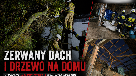 Zerwany dach i drzewo na domu w Nowym Jasieniu. Strażacy zabezpieczali budynki i zboże