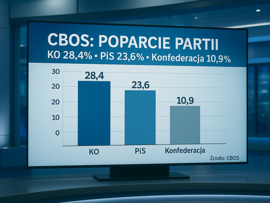 CBOS: KO - 28,4 proc.; PiS - 23,6 proc.; Konfederacja - 10,9 proc. CBOS: KO - 28,4 proc.; PiS - 23,6 proc.; Konfederacja - 10,9 proc.