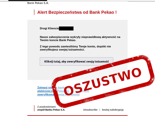 CERT Polsk ostrzega przed emailami, które wykorzystują wizerunek banku Pekao S.A. i służą do wykradania środków finansowych.