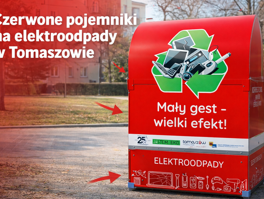 Czerwone pojemniki na elektroodpady w Tomaszowie.