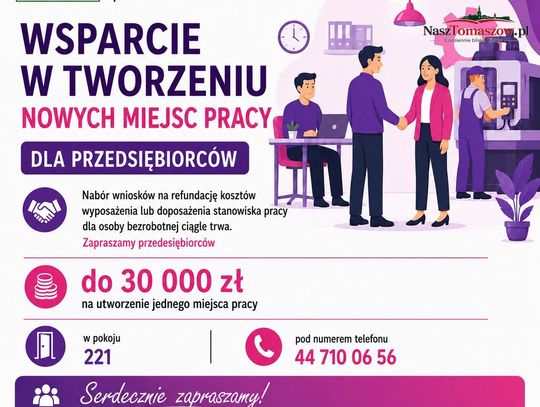Plakat Powiatowego Urzędu Pracy w Tomaszowie Mazowieckim o wsparciu dla przedsiębiorców na tworzenie miejsc pracy