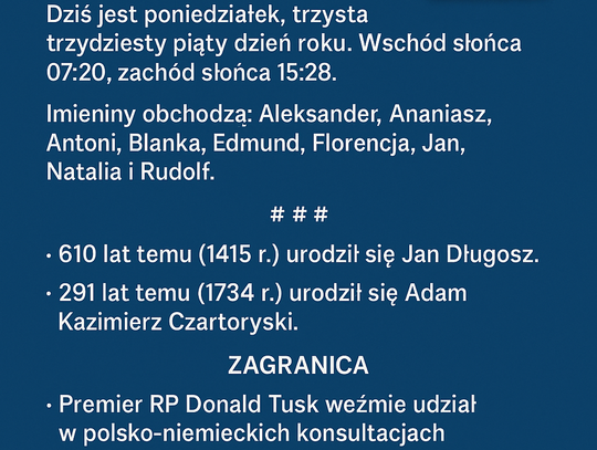 Dziś w kraju i na świecie (poniedziałek, 1 grudnia) Dziś w kraju i na świecie (poniedziałek, 1 grudnia)