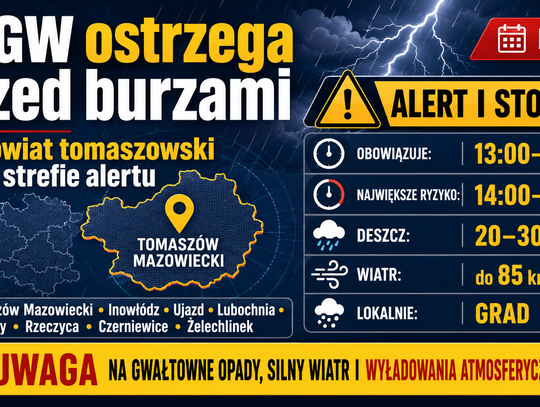 IMGW ostrzega przed burzami w Tomaszowie i okolicach. Alert od 13:00 do 22:00, możliwy silny deszcz, wiatr i grad