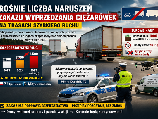 Kierowcy ciężarówek coraz częściej łamią zakaz wyprzedzania. Policja notuje wzrost wykroczeń