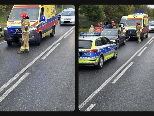 Kolizja osobówki z busem na DW 713 w Sangrodzu. Służby działały na miejscu