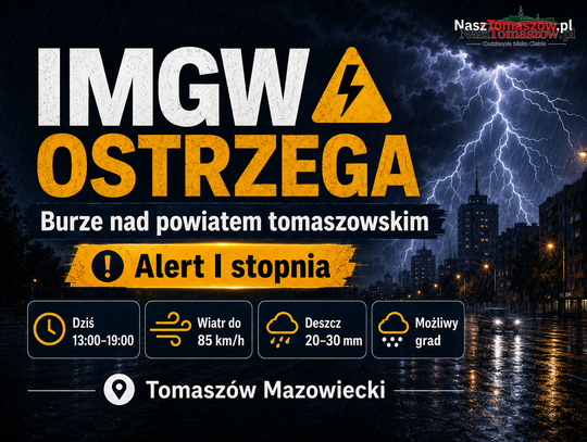 Koniec wakacji z grzmotem. IMGW ostrzega Tomaszów: burze, grad i wiatr do 85 km/h