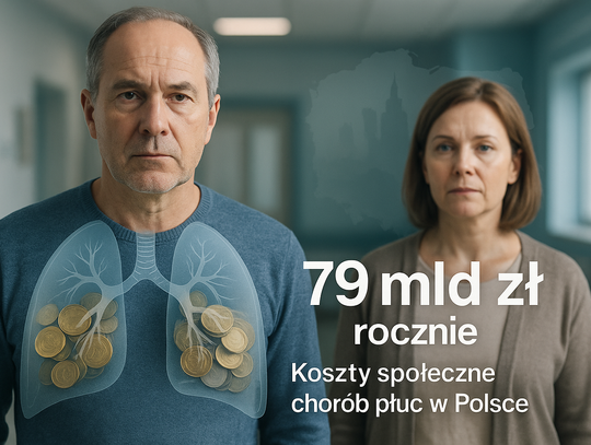 Realistyczna ilustracja płuc z metaforą kosztów (79 mld zł) — kontekst: koszty społeczne chorób płuc w Polsce.