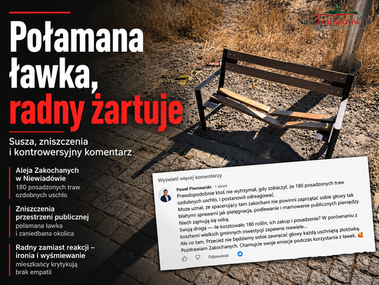 Ławka połamana, radny rozbawiony. Paweł Piwowarski odnalazł winnego: uschniętą trawę