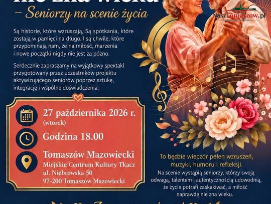 Plakat wydarzenia „Miłość nie zna wieku” z tańczącą parą seniorów