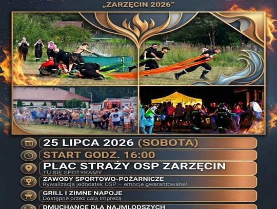 Plakat wydarzenia Miting Sportowo-Pożarniczy Zarzęcin 2026 z programem imprezy i zdjęciami zawodów strażackich