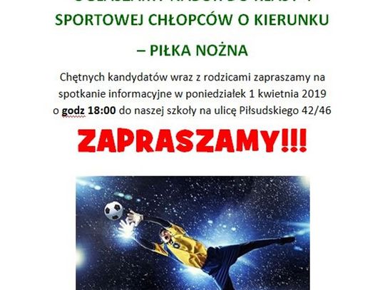 Nabór do klasy 4 sportowej chłopców o kierunku  piłka nożna