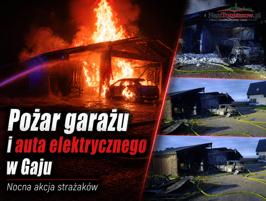 Nocny pożar garażu i samochodu elektrycznego w Gaju. Strażacy chłodzili baterię auta