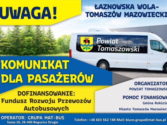 Od 01 kwietnia 2026 r. ZMIANA ROZKŁADU JAZDY na linii Łaznowska Wola- Tomaszów Mazowiecki. Od 01 kwietnia 2026 r. ZMIANA ROZKŁADU JAZDY na linii Łaznowska Wola- Tomaszów Mazowiecki.