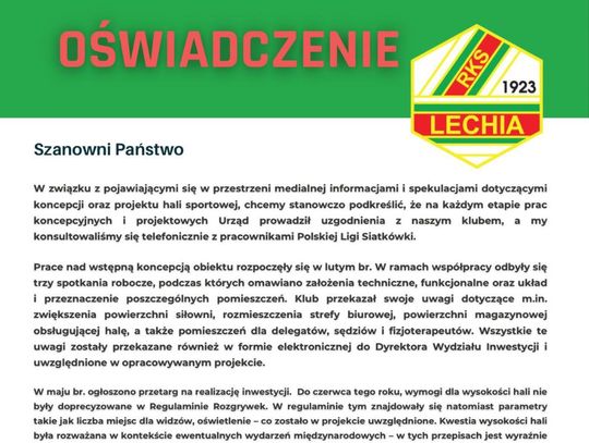 Oficjalne stanowisko Lechii w sprawie hali sportowej Oficjalne stanowisko Lechii w sprawie hali sportowej