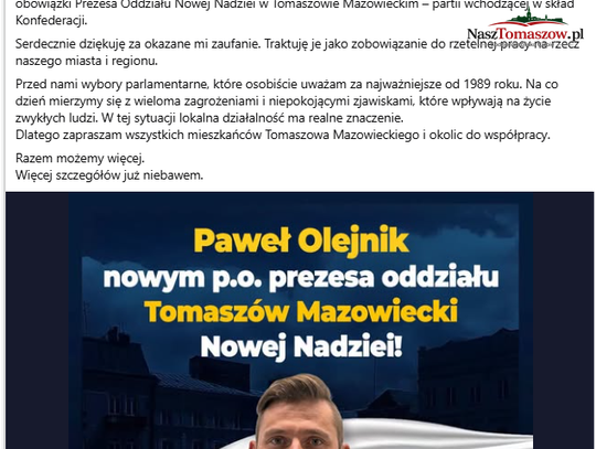 Paweł Olejnik pokieruje oddziałem Nowej Nadziei w Tomaszowie Mazowieckim