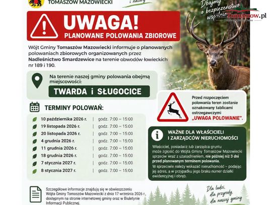 Planowane polowania zbiorowe w gminie Tomaszów. Podano terminy dla Twardej i Sługocic