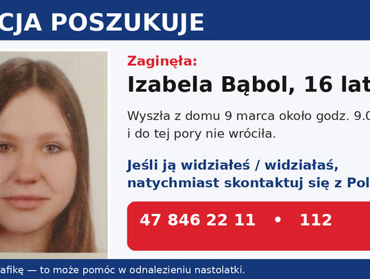 Policja poszukuje 16-letniej Izabeli Bąbol. Nastolatka wyszła z domu i nie wróciła