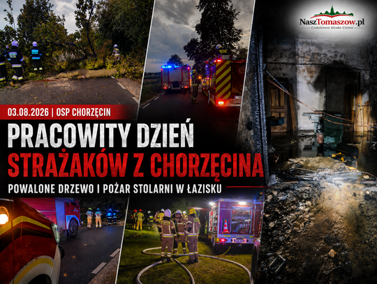 Pracowity dzień strażaków z Chorzęcina. Powalone drzewo i pożar stolarni w Łazisku